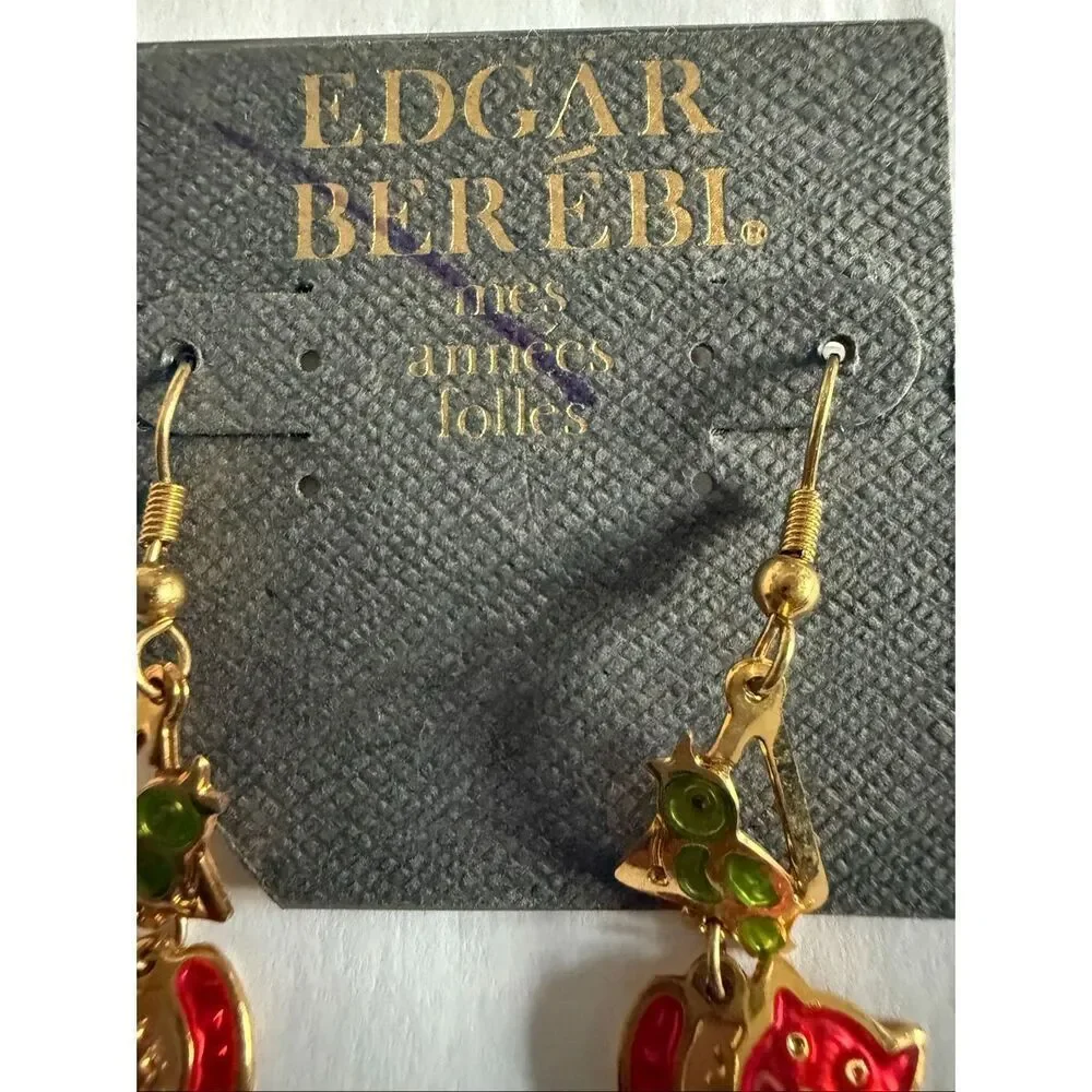 Edgar Berebi Women's Red Enamel Cat And Green Bird Dangle Earrings Jewelry NWT